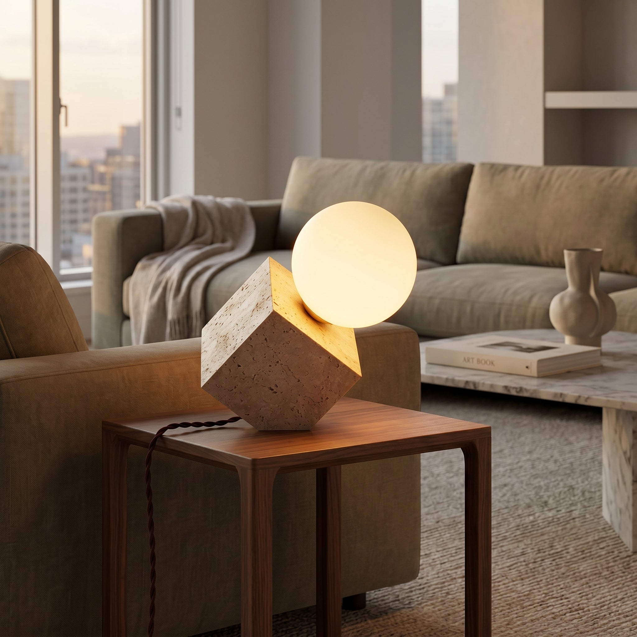 Lumen Stone Cube Orb Table Lamp