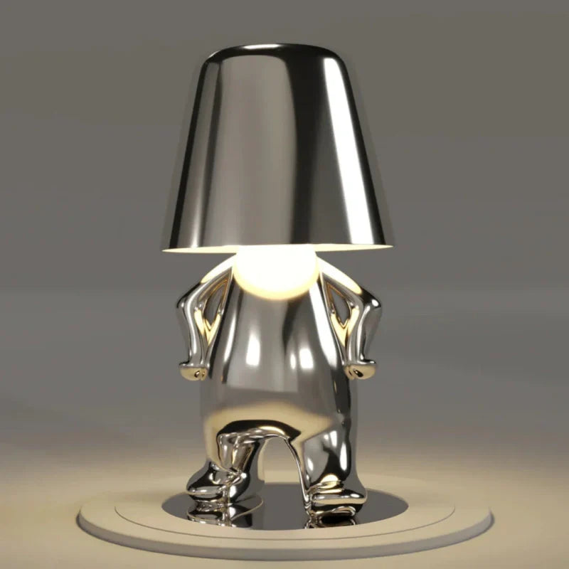 Silver RayDudes sunset lamp in confident standing pose with warm glow