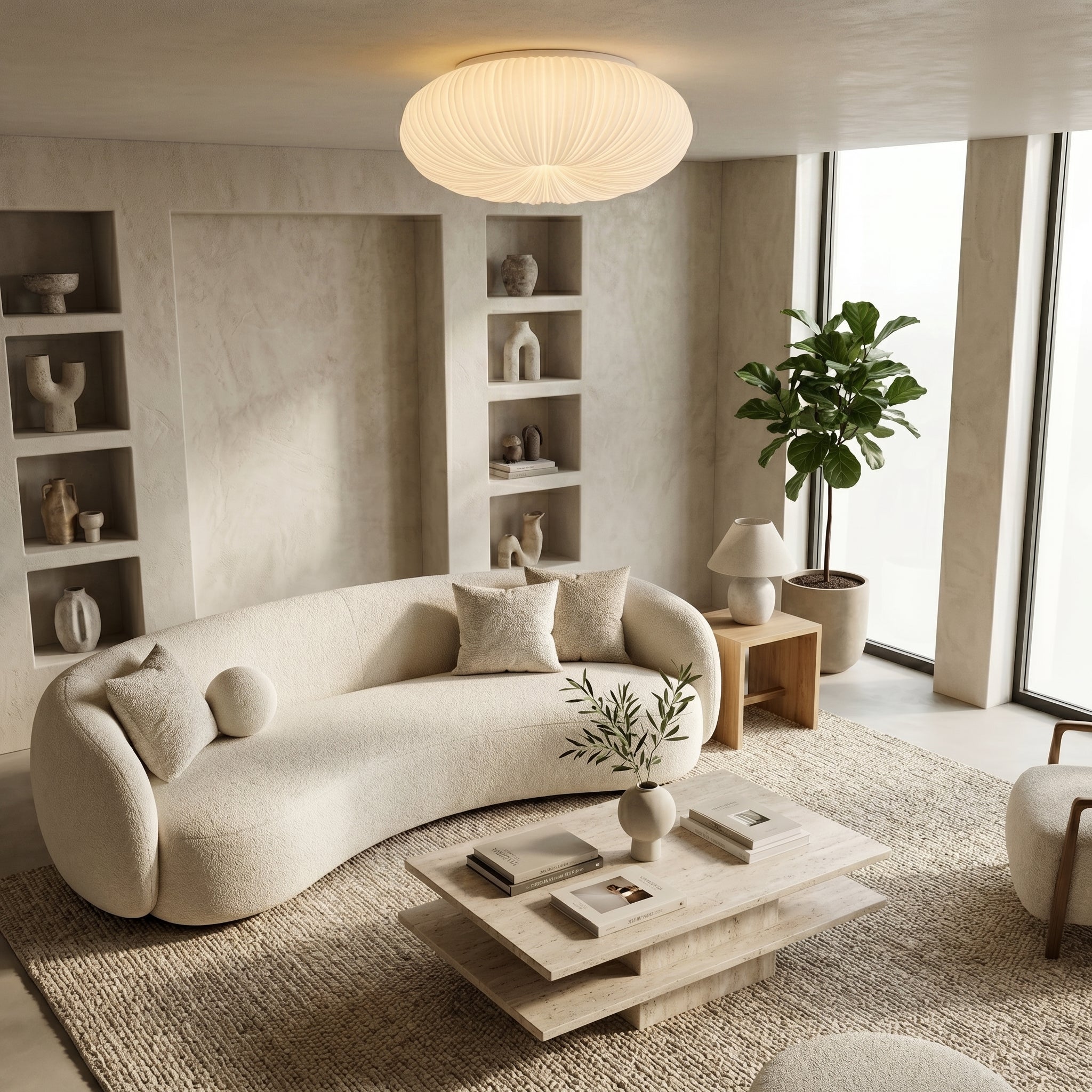 White Bobby flush ceiling light glowing above curved bouclé sofa and travertine coffee table in neutral living room