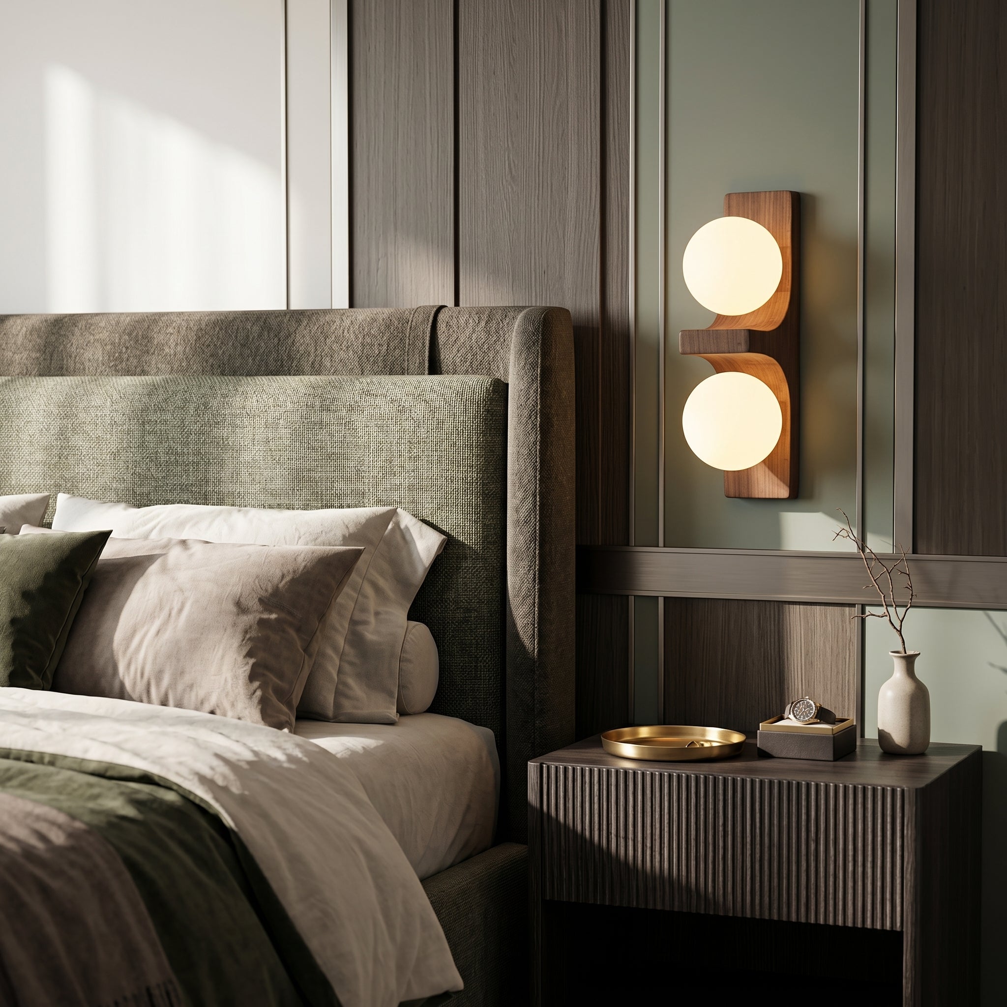 Walnut Eveline double wall sconce short version glowing above dark wood nightstand beside upholstered bed headboard