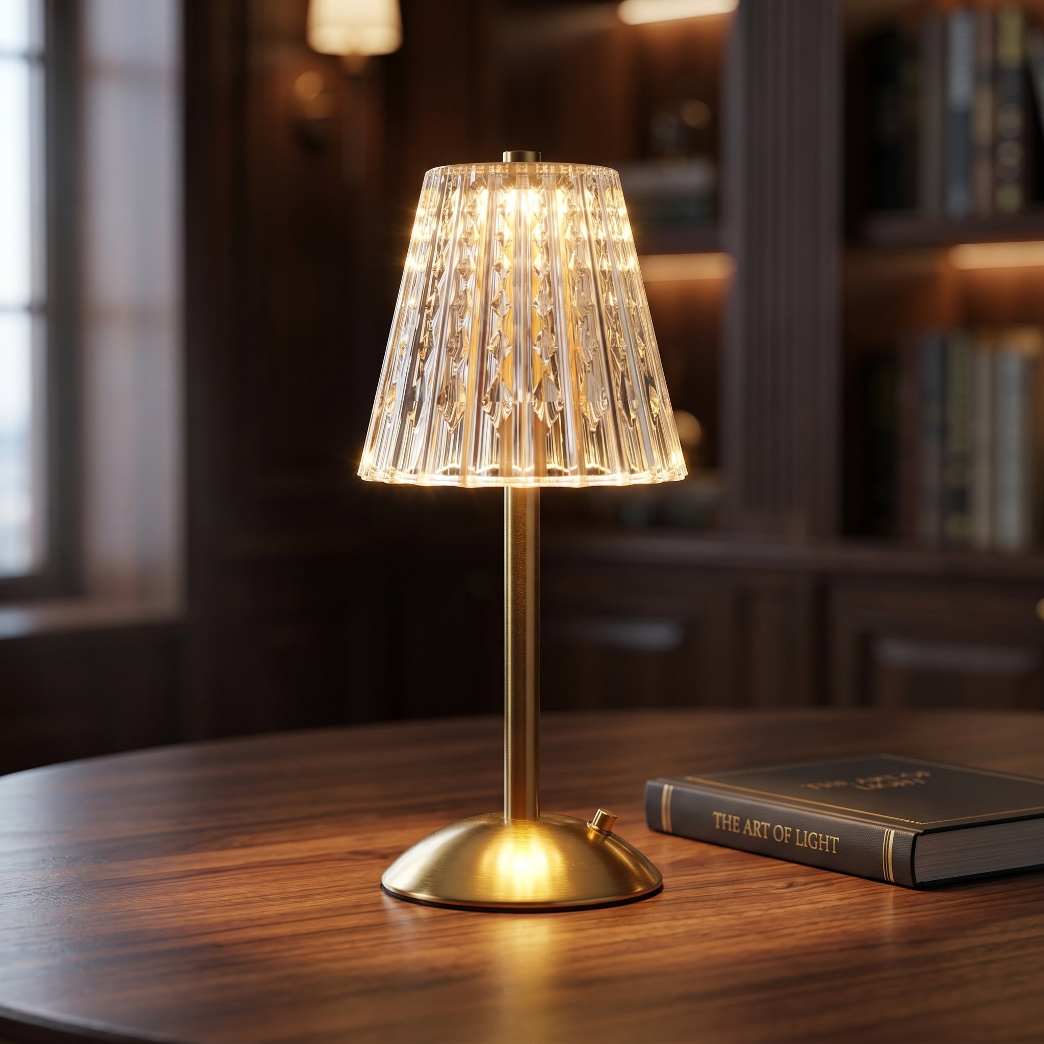 Close up of brushed gold aluminum base and crystal acrylic shade of rechargeable table lamp