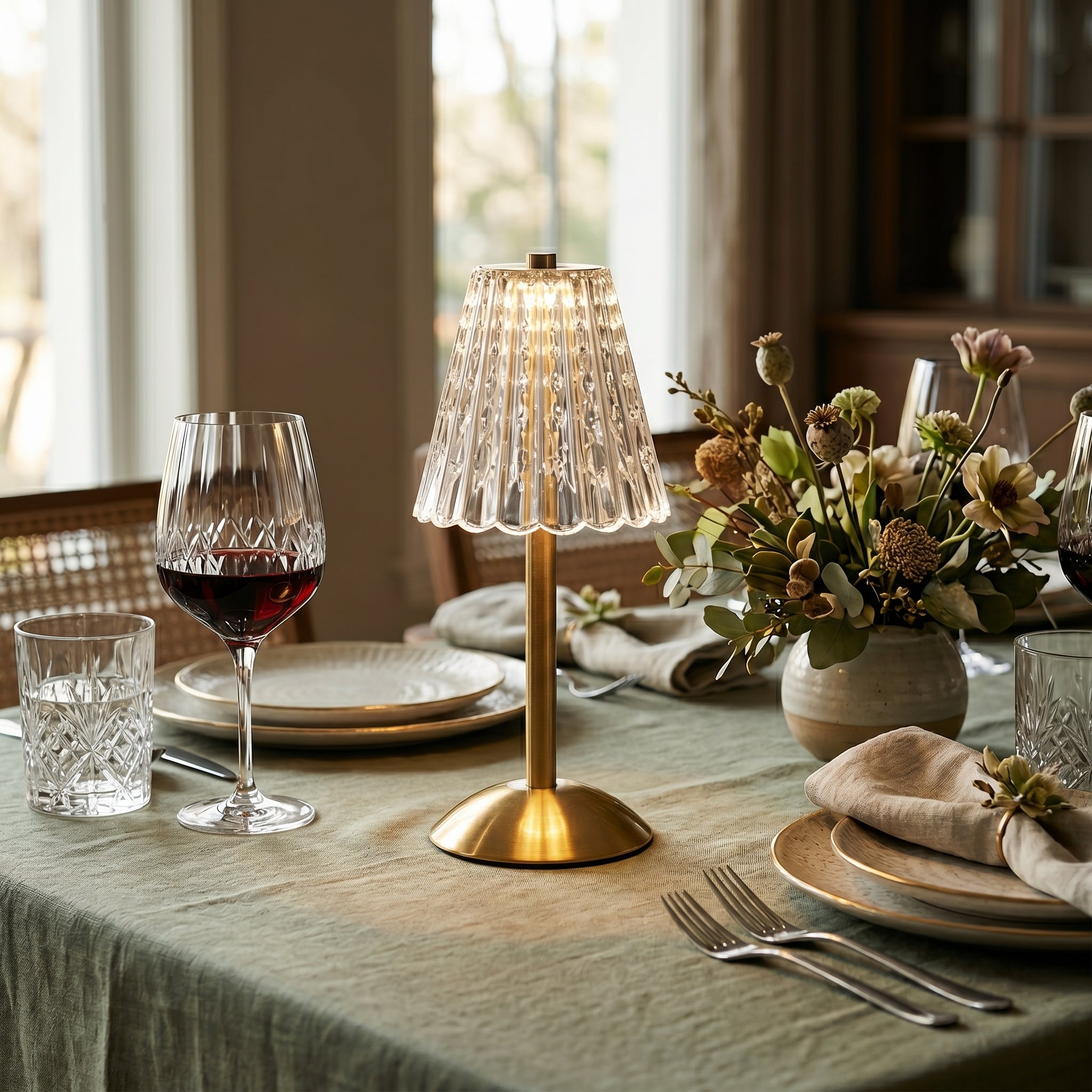 Golden crystal rechargeable table lamp as centerpiece on elegant dining table with wine and flowers
