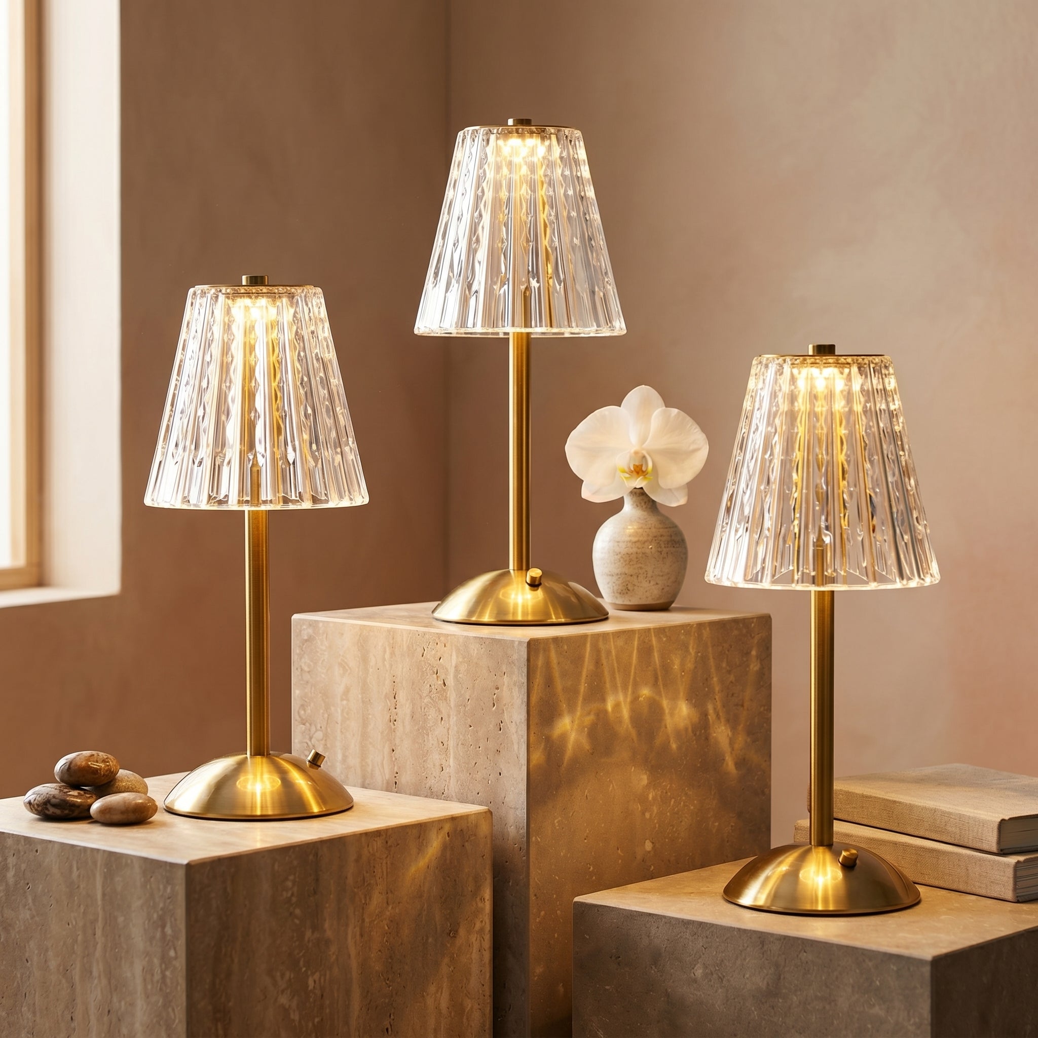 Three golden crystal table lamps in different sizes displayed on travertine pedestals with orchid vase