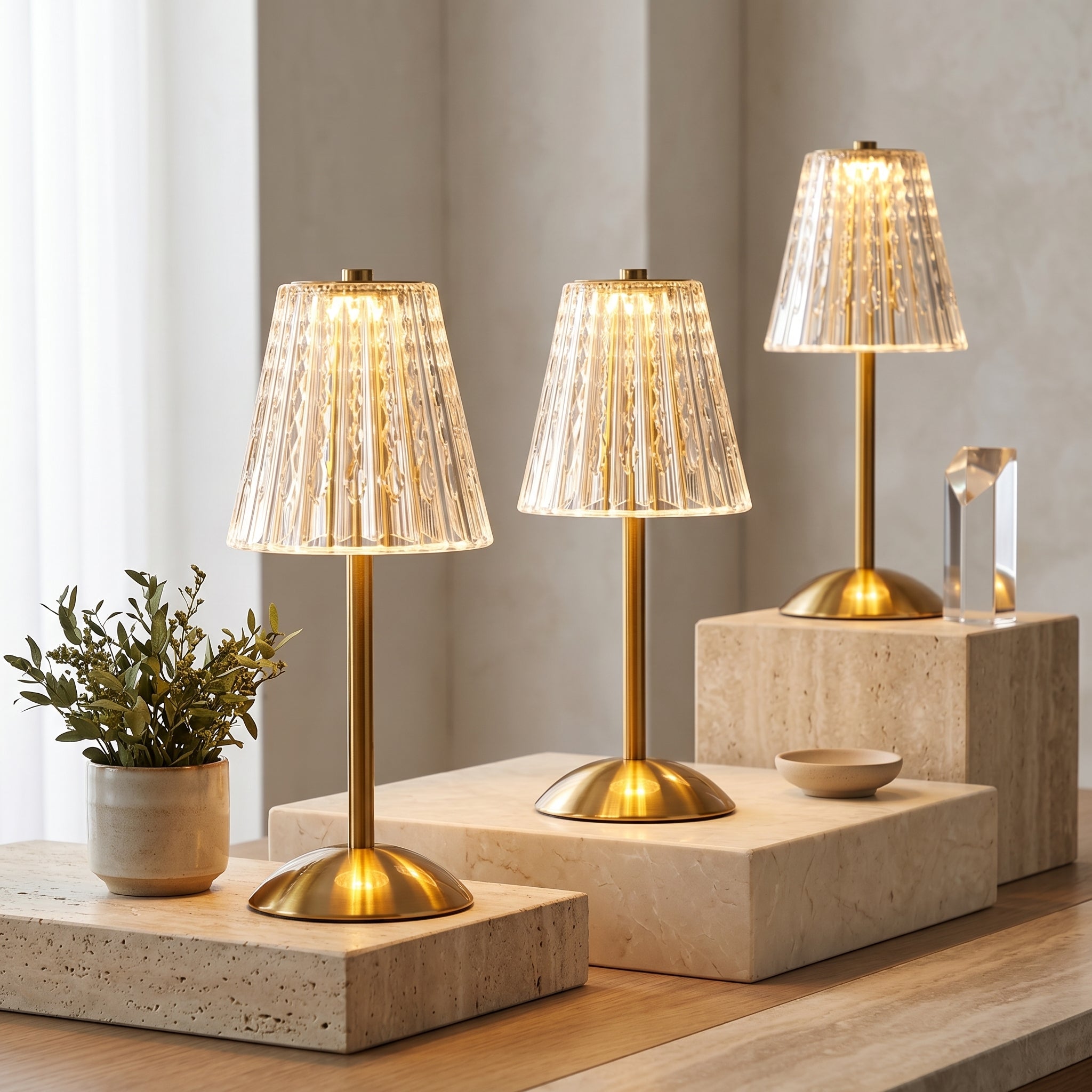 Three golden crystal table lamps glowing on travertine blocks with green plant in minimal setting