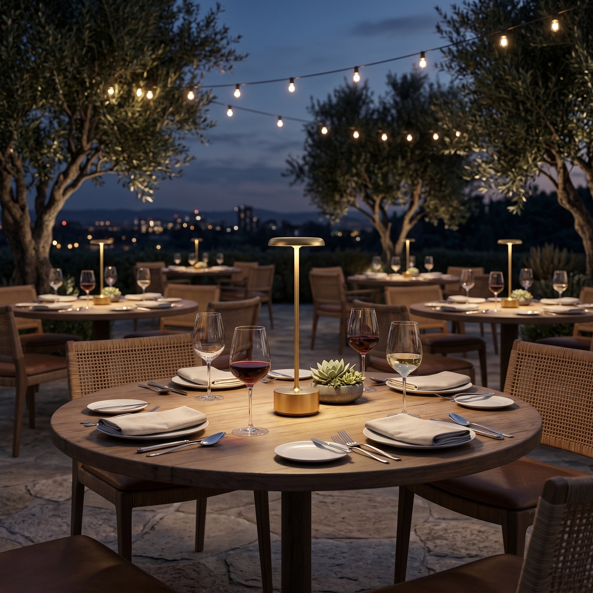 Gold Luxora cordless table lamp on white marble round dining table with wine glasses in outdoor fine dining setting at night