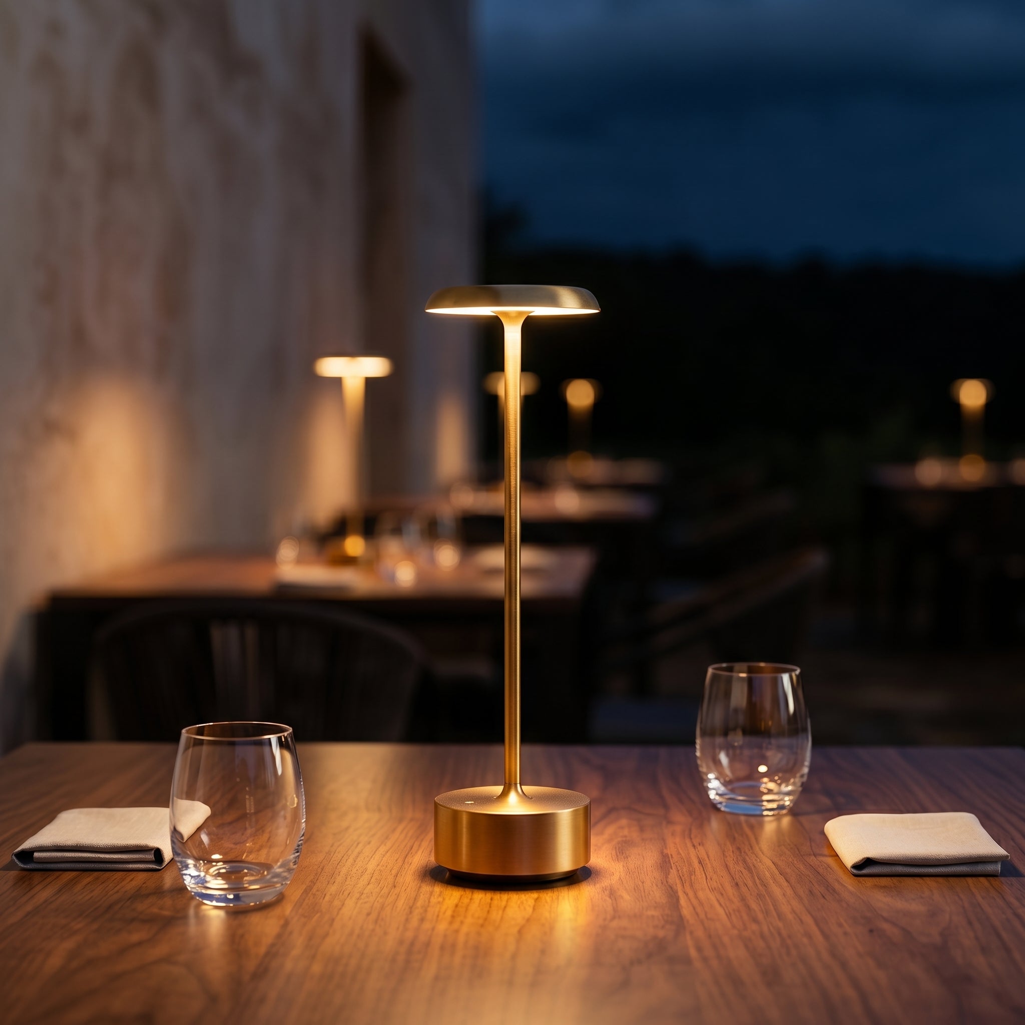 Silver Luxora cordless table lamp glowing warm on dark wood desk beside stacked leather books and compass in library