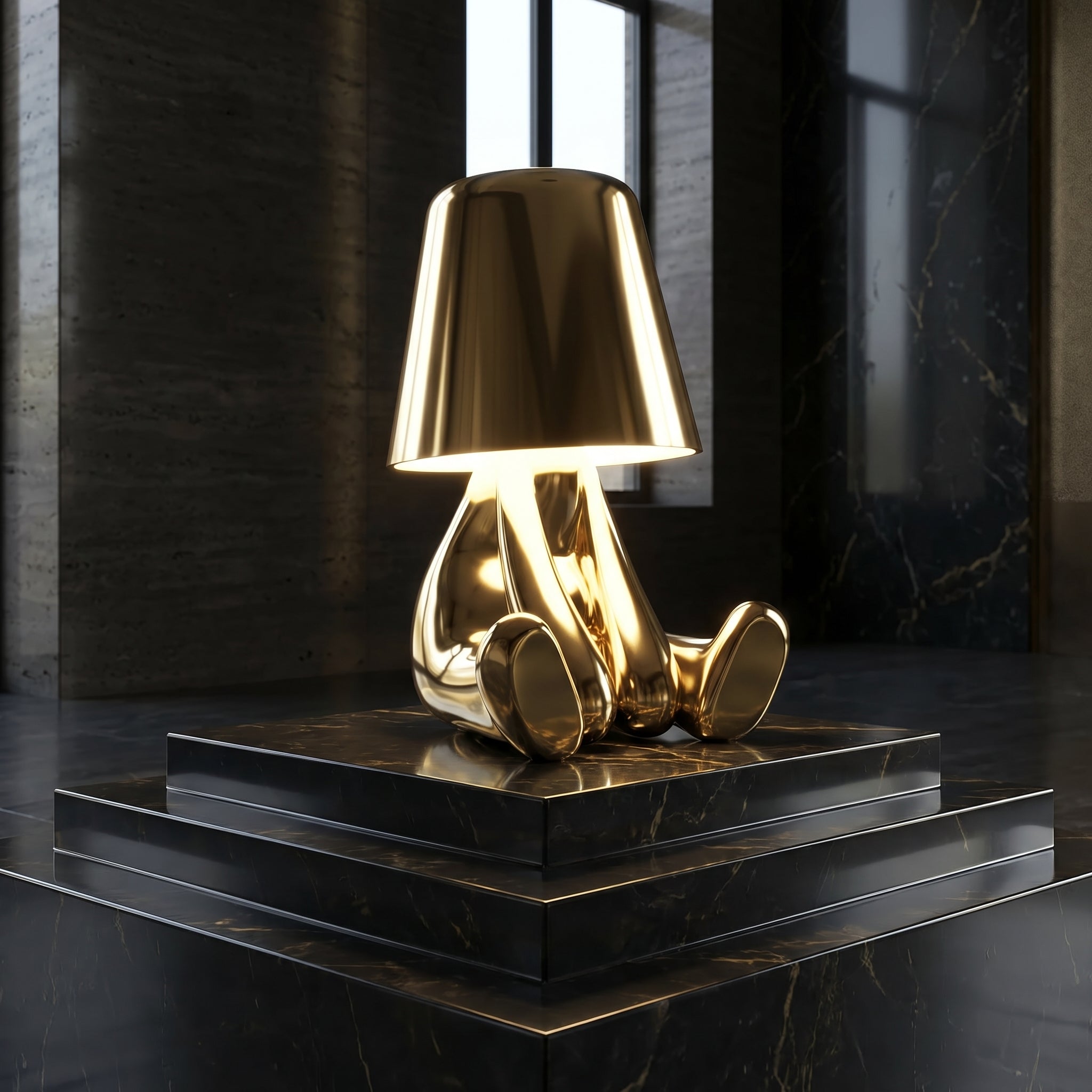 Gold sculptural RayDudes sunset table lamp glowing on black marble pedestal in dark room