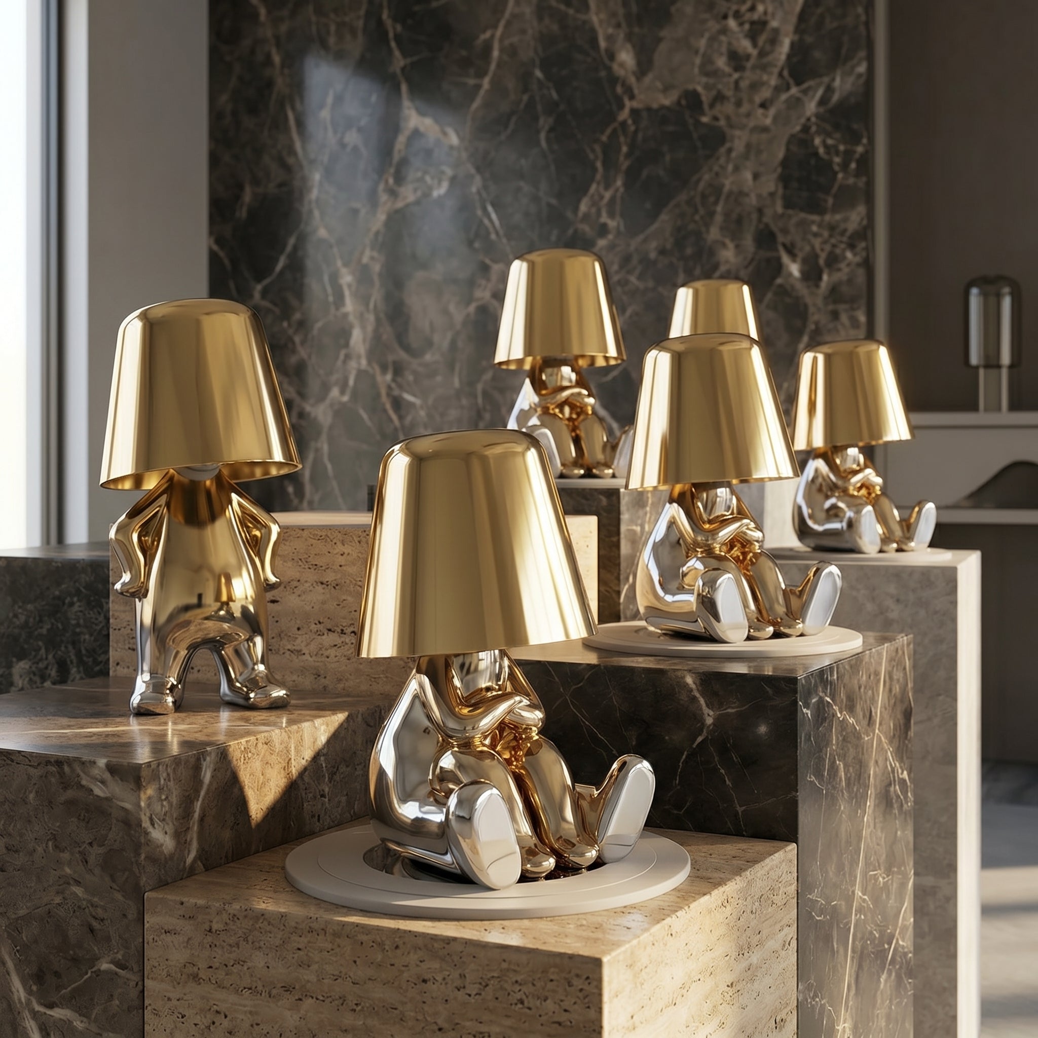 Collection of gold and silver RayDudes sculptural table lamps displayed on travertine pedestals