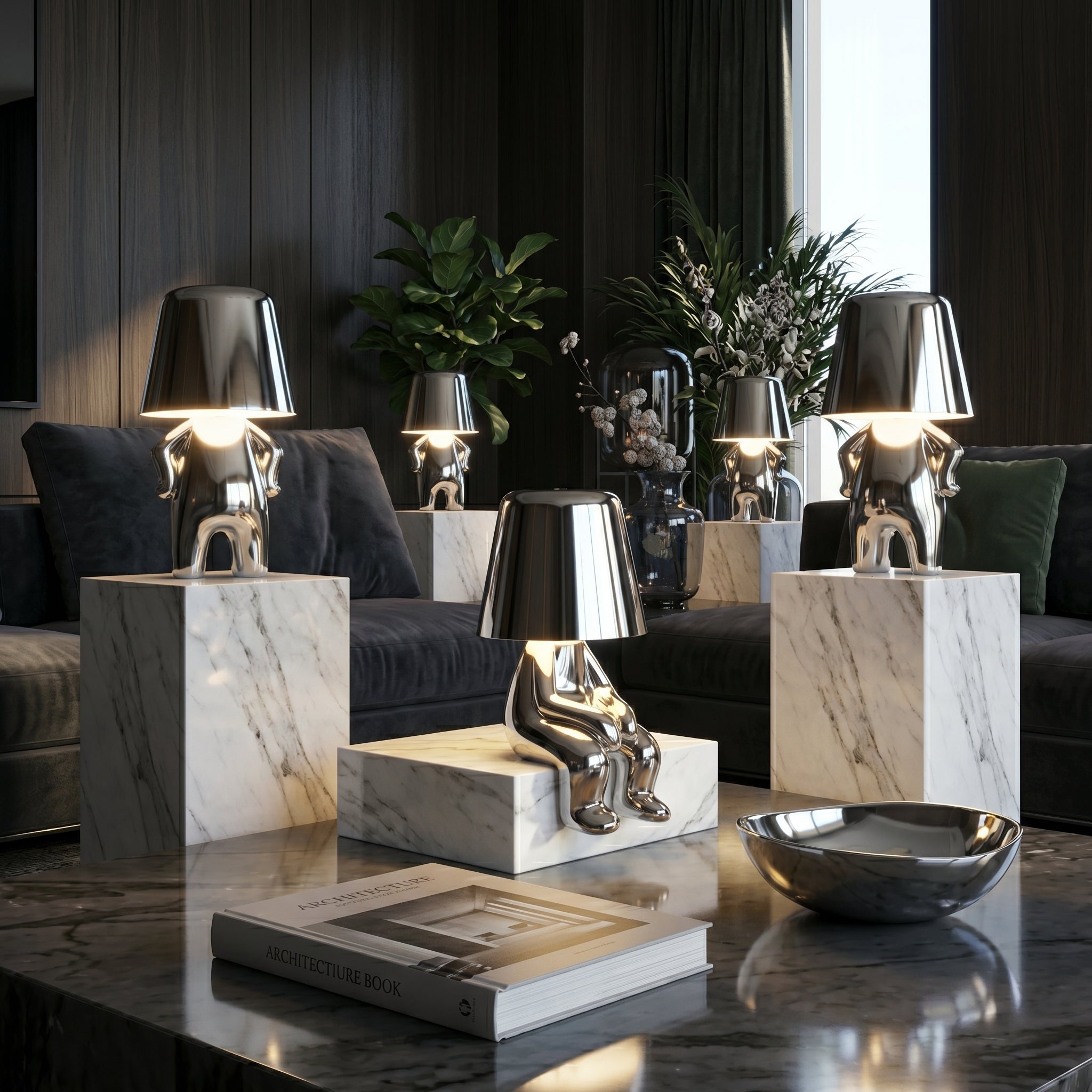 Multiple silver RayDudes table lamps on white marble plinths in dark luxury living room with plants