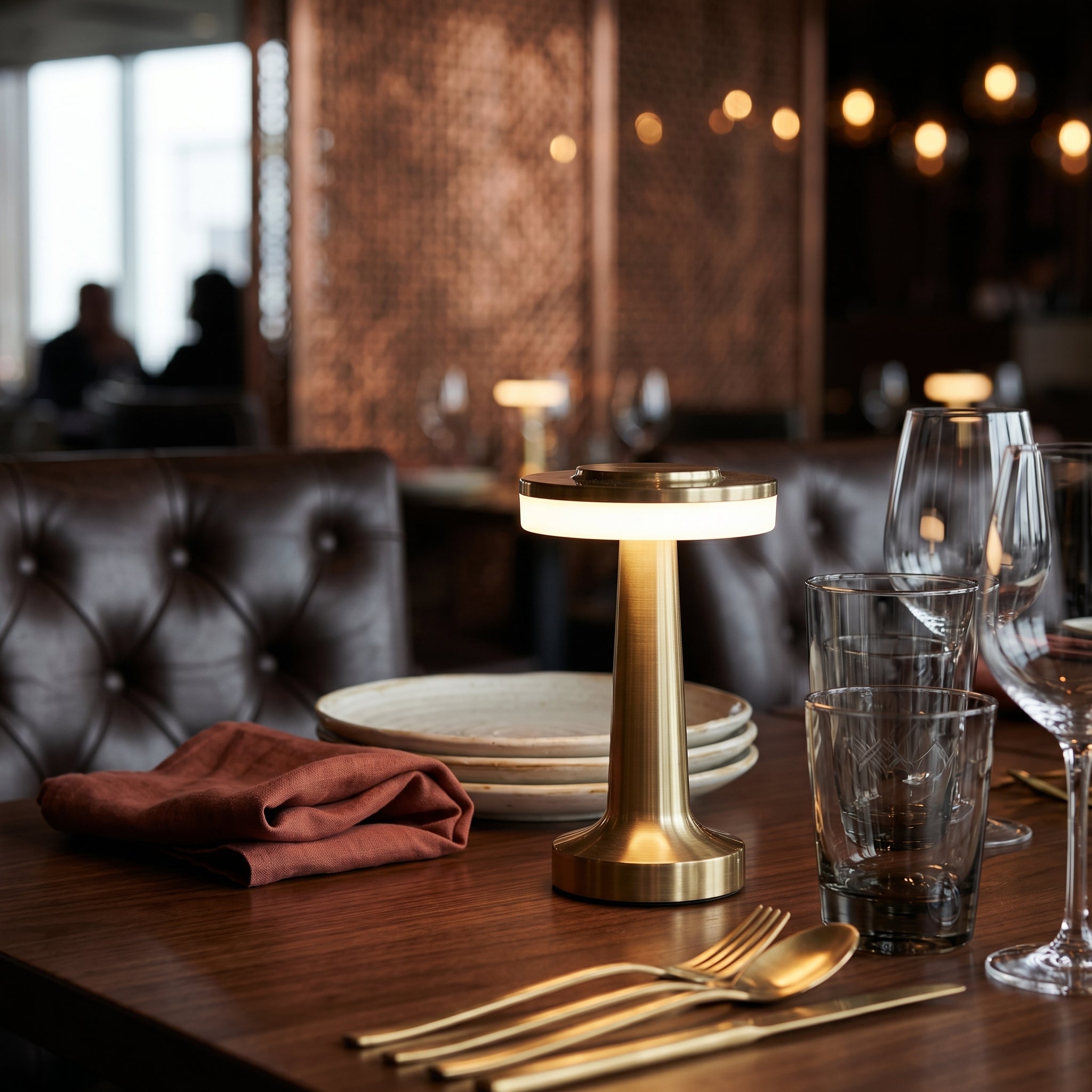 Gold retro bar table lamp on dark wood restaurant table with leather booth seating and glassware