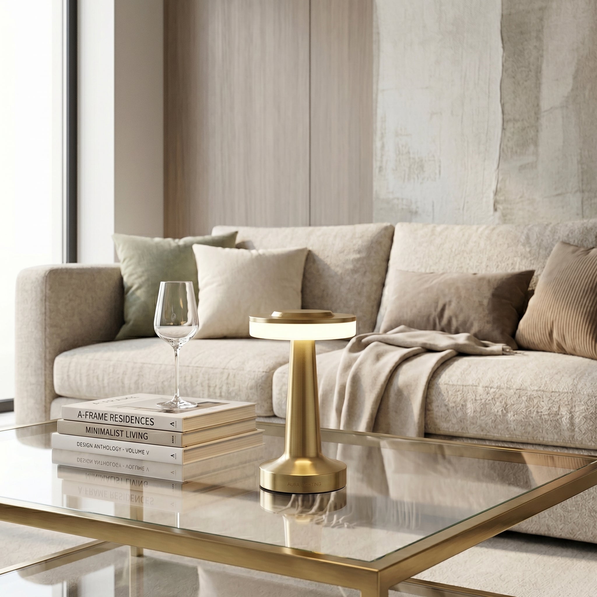 Gold retro bar cordless table lamp on glass coffee table beside stacked books and wine glass in neutral living room