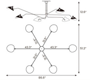 Technical dimension diagram of 6-arm Serge Mouille ceiling light showing 86.6 inch span and 12.6 inch height