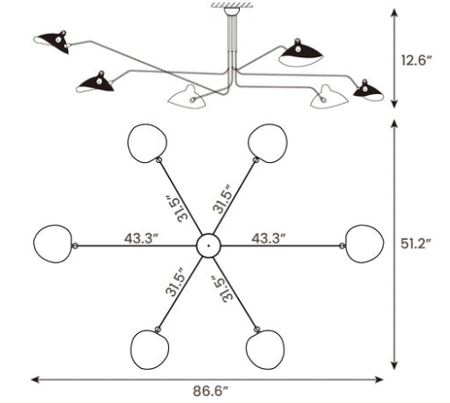 Technical dimension diagram of 6-arm Serge Mouille ceiling light showing 86.6 inch span and 12.6 inch height