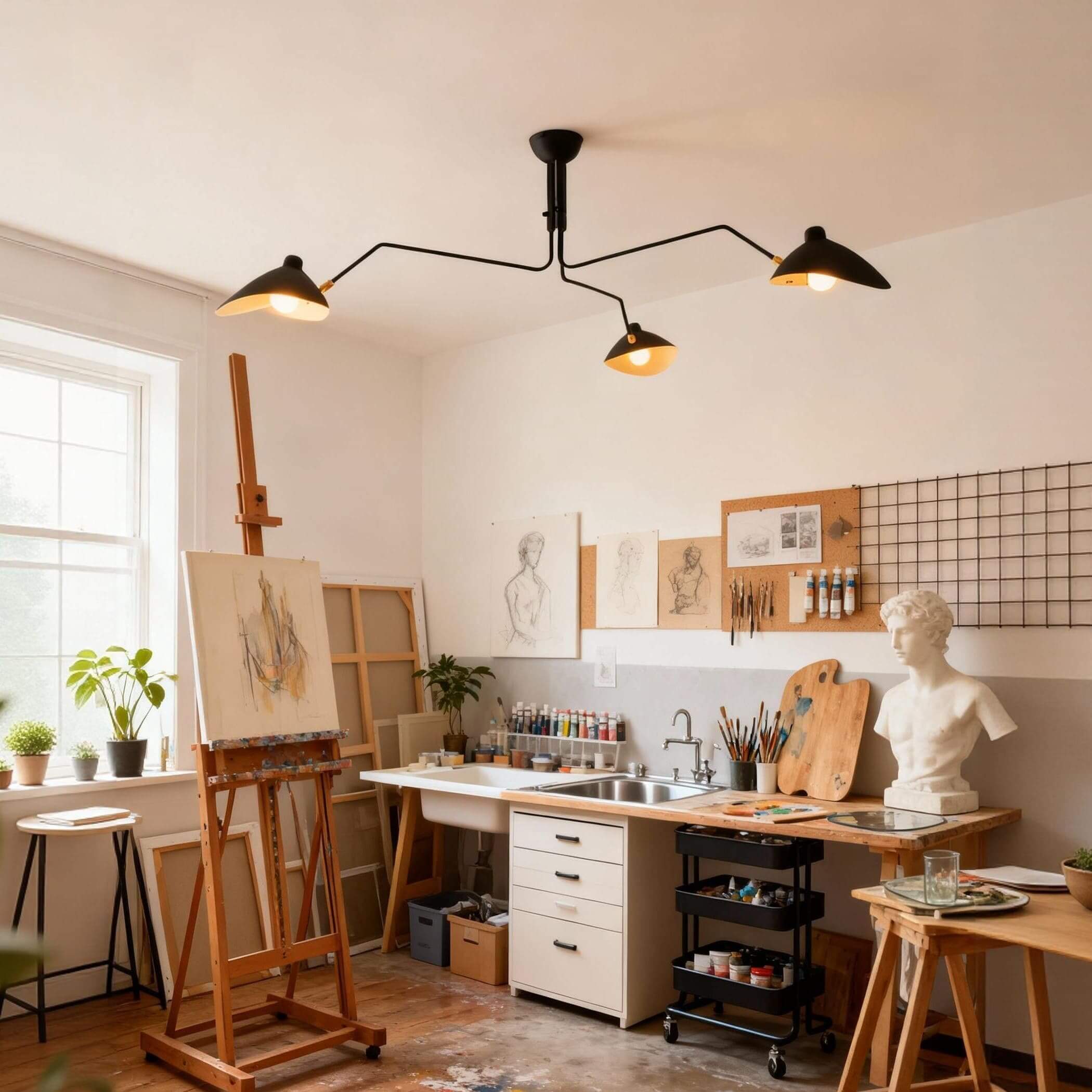 Black 3-arm Serge Mouille ceiling light mounted above art studio with easels canvases and sculptor bust