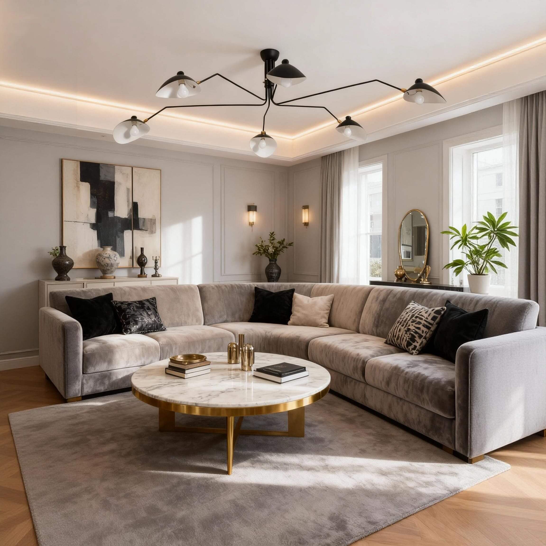 Black 6-arm Serge Mouille ceiling light in neutral living room with grey velvet sofa marble coffee table and abstract artwork