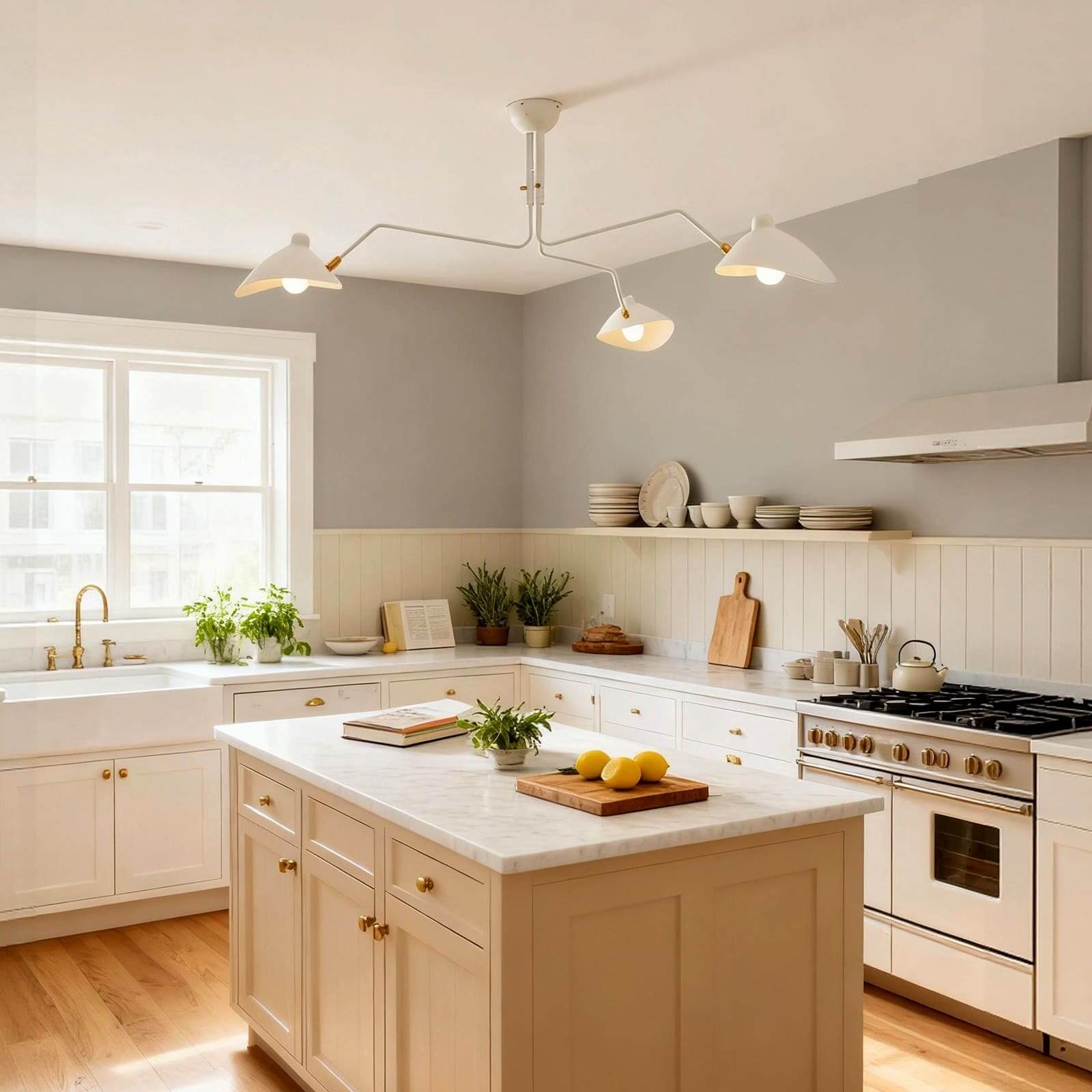 White 3-arm Serge Mouille ceiling light above cream kitchen island with marble countertop and brass hardware