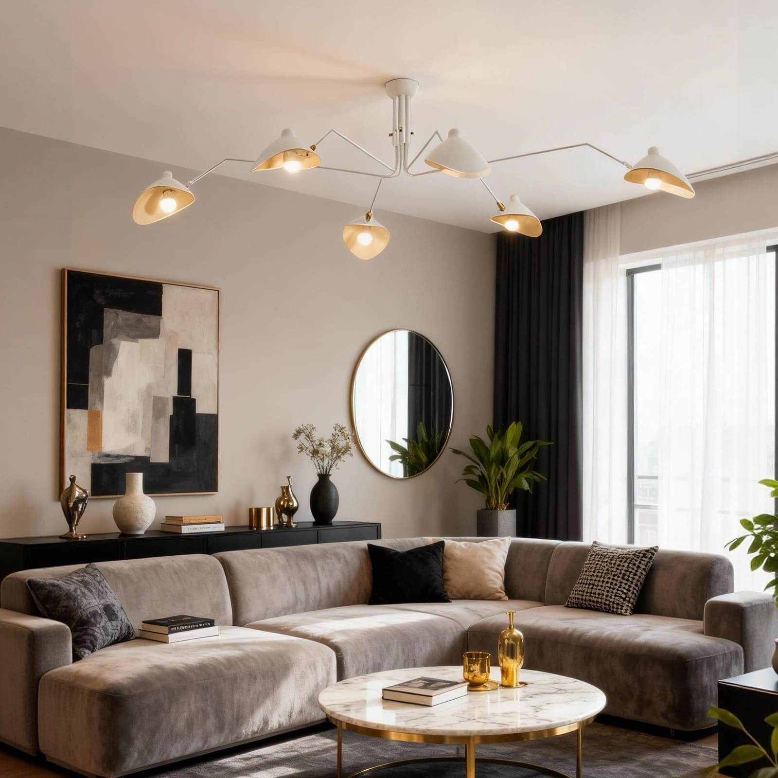 White 6-arm Serge Mouille ceiling light above grey velvet sofa in living room with gold accents and round mirror
